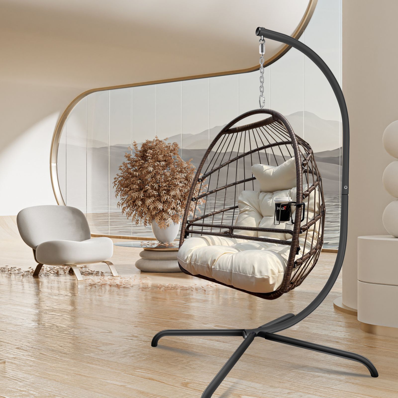 Serenity Swing Egg Chair with Guardrail, Cup Holder, and Thick Cushion