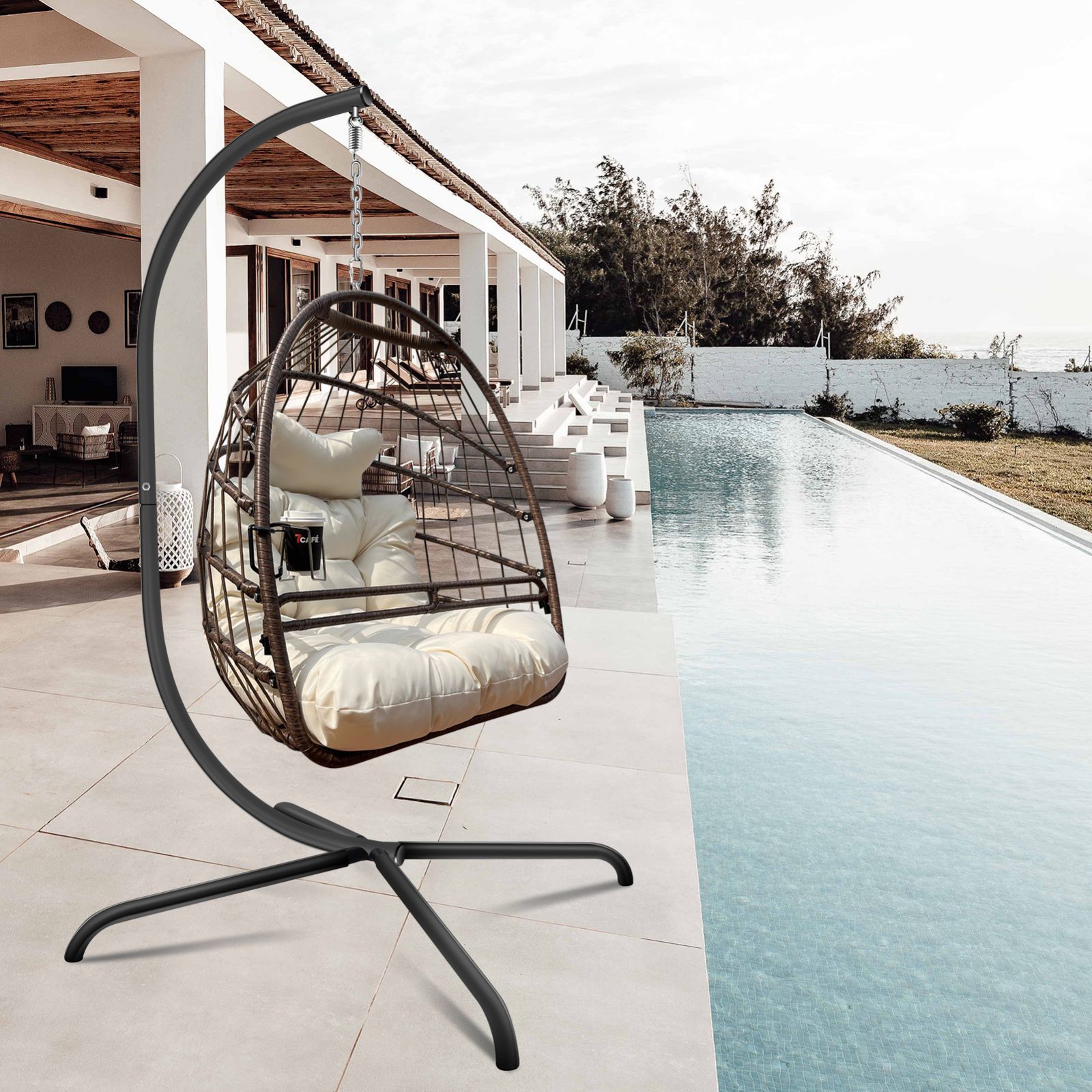 Serenity Swing Egg Chair with Guardrail, Cup Holder, and Thick Cushion