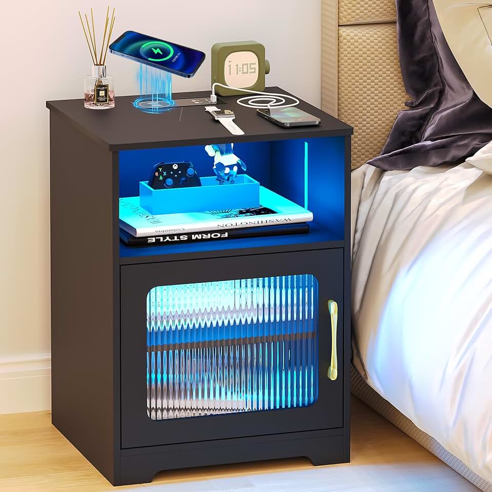 Bedside Table with Power Outlet and LED Light