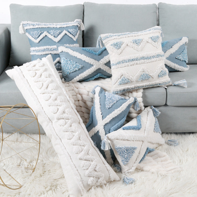 White-cyan pillowcase with geometric embroidery