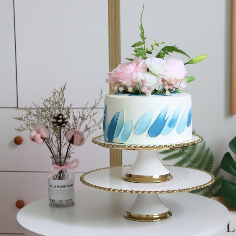 Ins Style Golden Beaded Ceramic Tall Cake Tray
