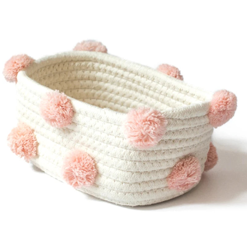 Cute Woven Storage Sundries Basket with Pompom