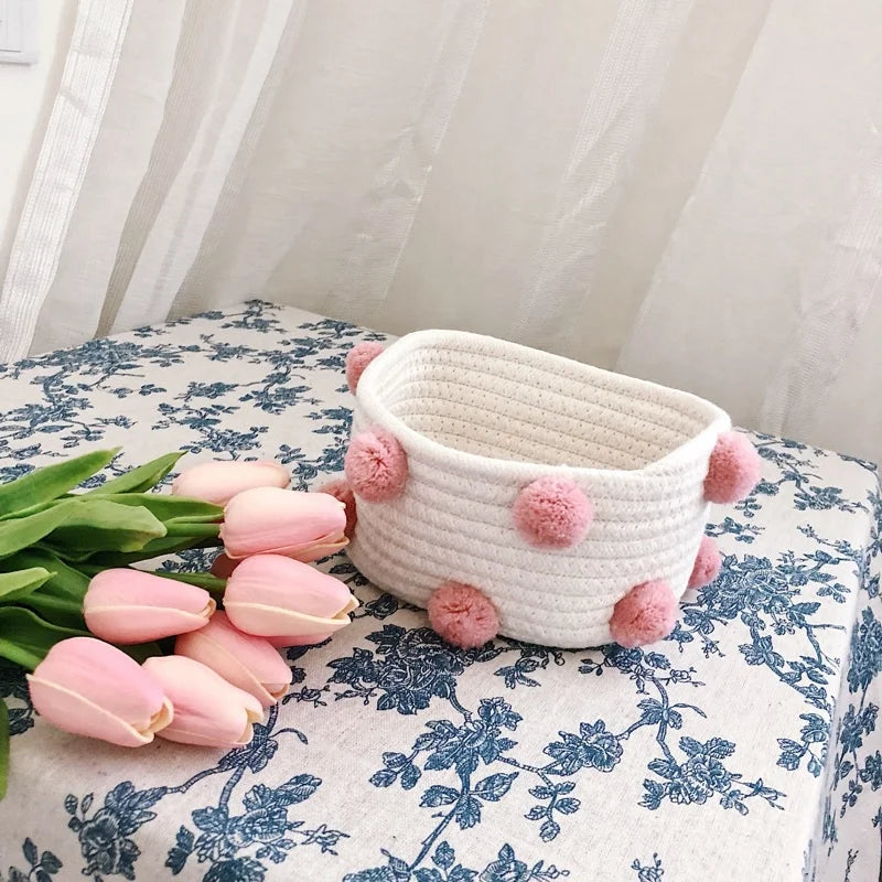 Cute Woven Storage Sundries Basket with Pompom