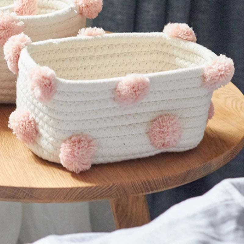 Cute Woven Storage Sundries Basket with Pompom