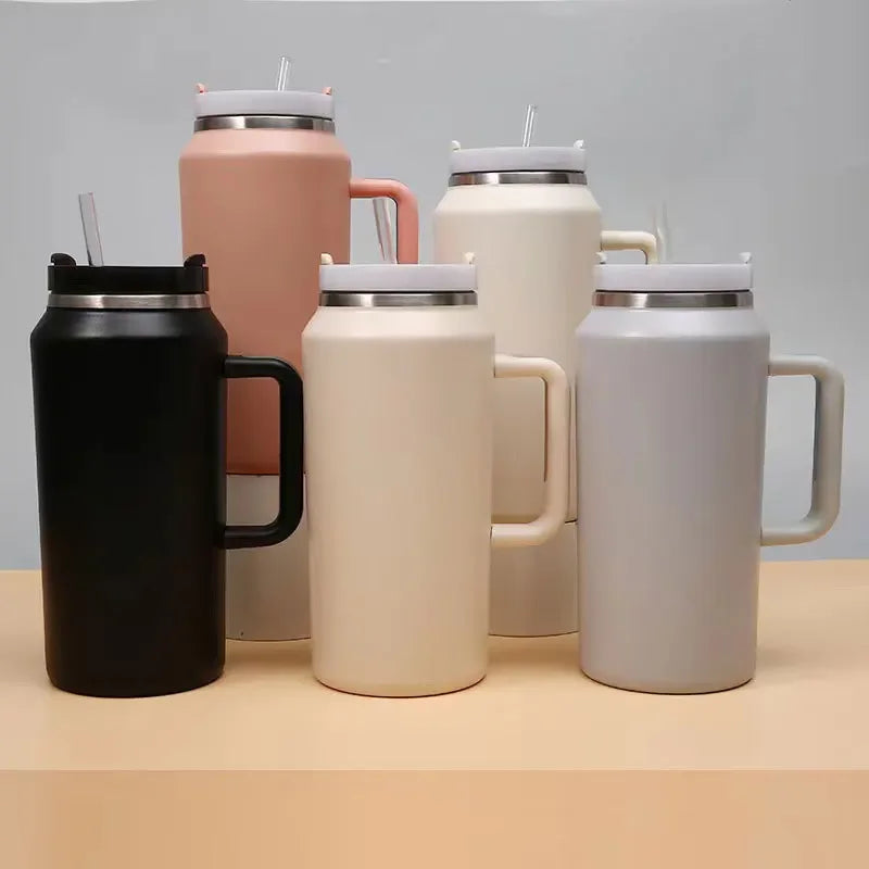 Car Cup 64oz Handle Insulation Cup Large Capacity Cold Insulation Straw Ice Cup Stainless Steel Water Bottle  Thermos