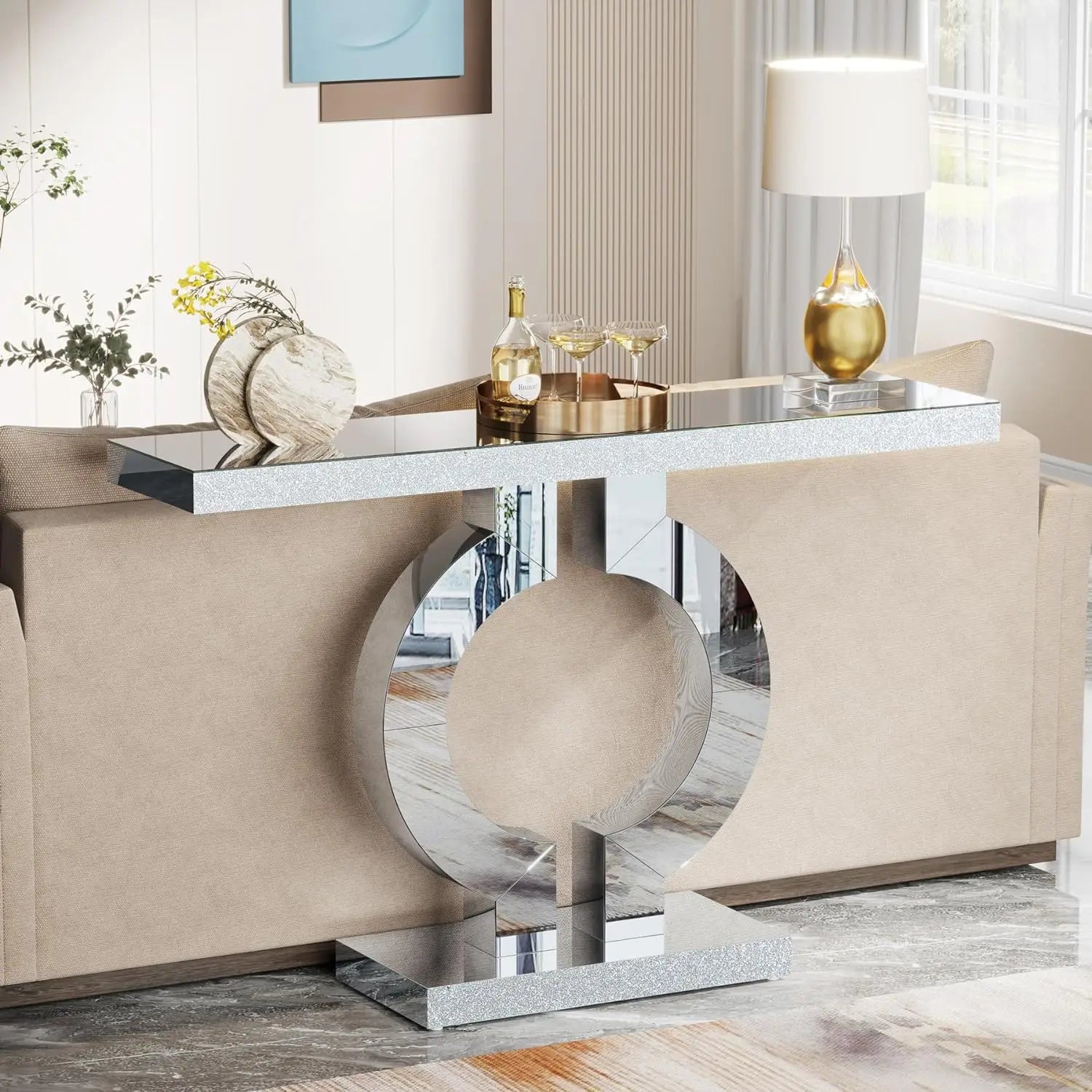 Elegant Mirrored Console Table with O-Shaped Base