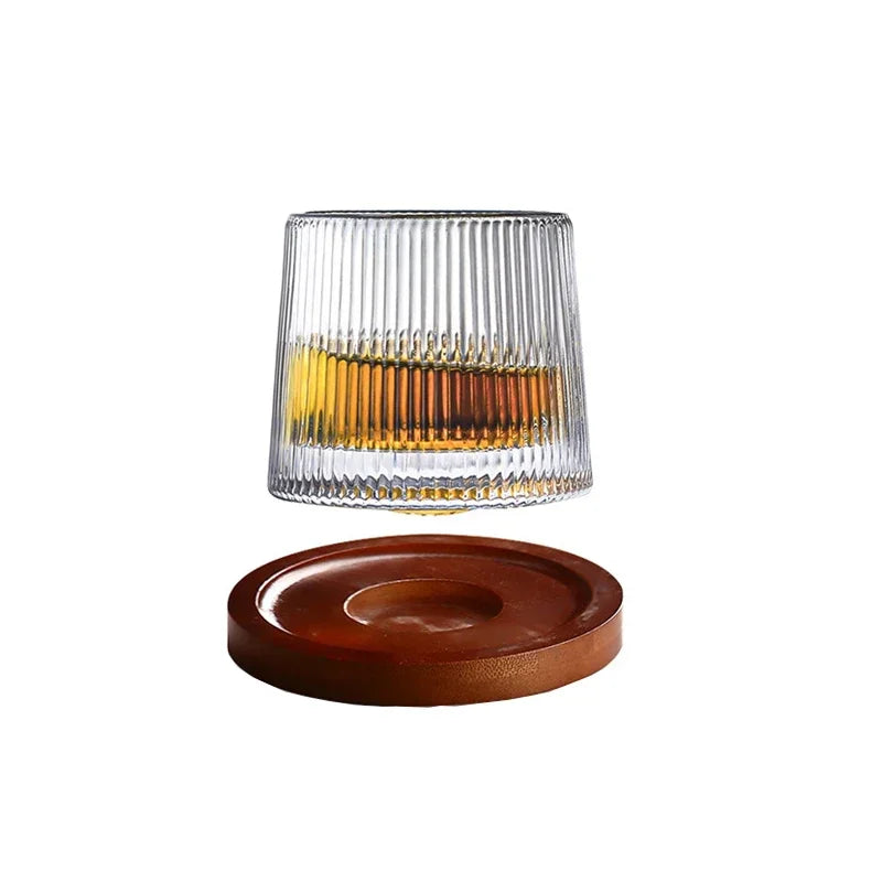 Classic Rotating Whiskey Glass with Wooden Base