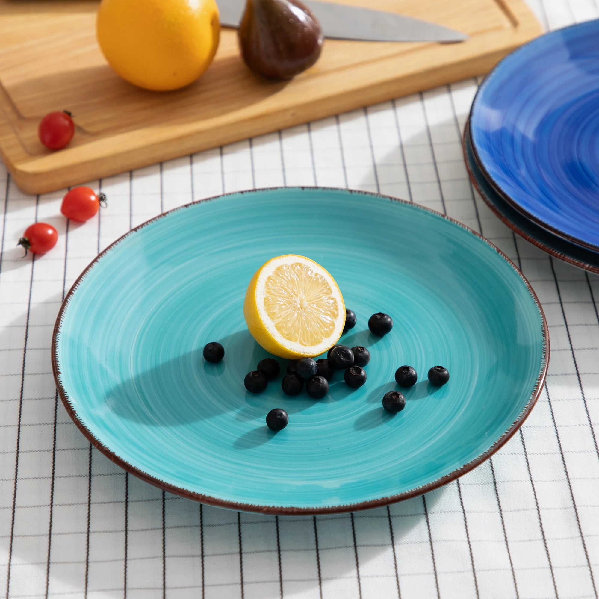 Rustic Handpainted Blue Ceramic Plates Set - 6 Pieces