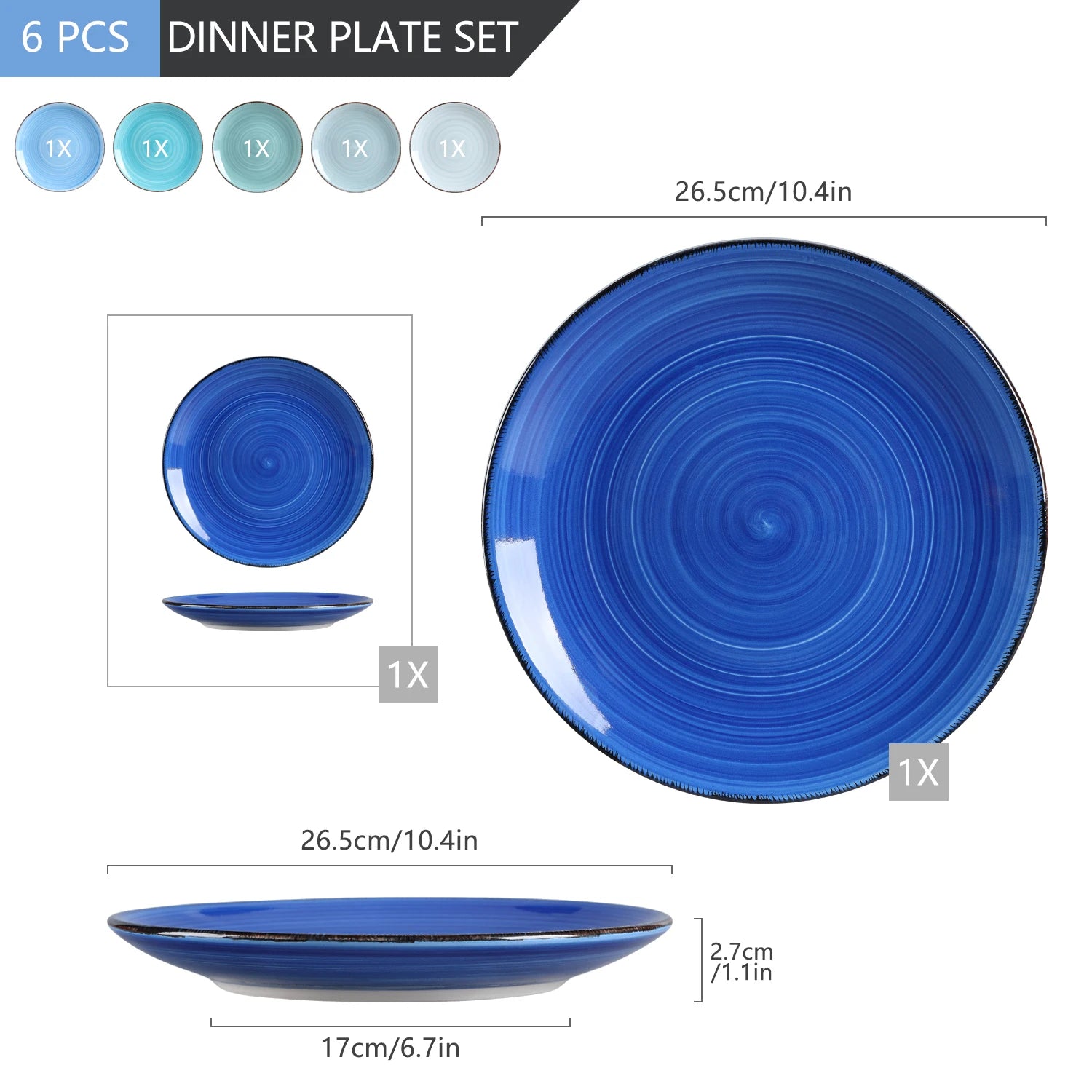 Rustic Handpainted Blue Ceramic Plates Set - 6 Pieces