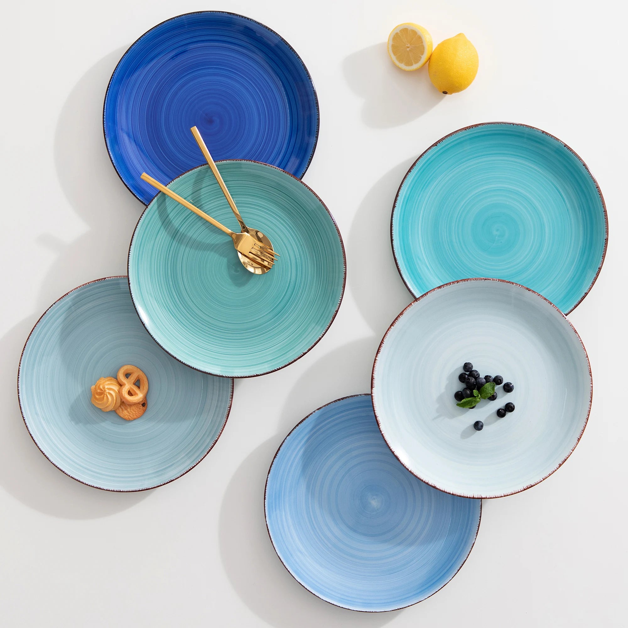 Rustic Handpainted Blue Ceramic Plates Set - 6 Pieces