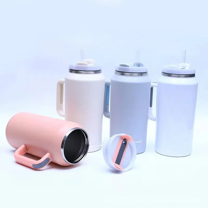 Car Cup 64oz Handle Insulation Cup Large Capacity Cold Insulation Straw Ice Cup Stainless Steel Water Bottle  Thermos