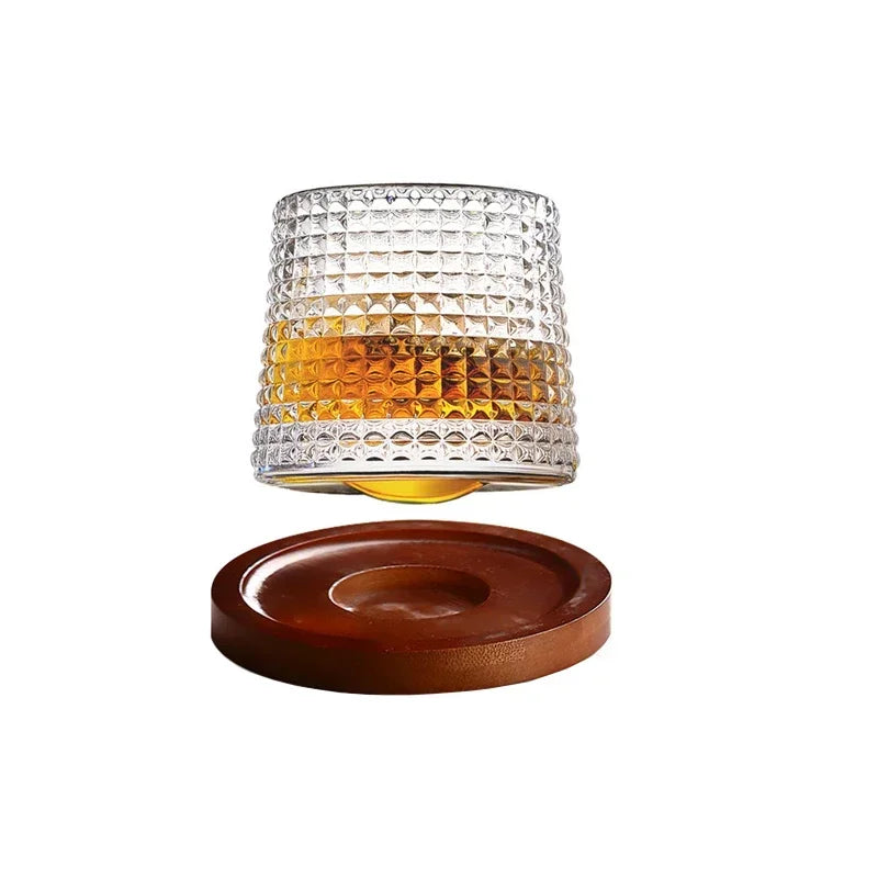 Classic Rotating Whiskey Glass with Wooden Base