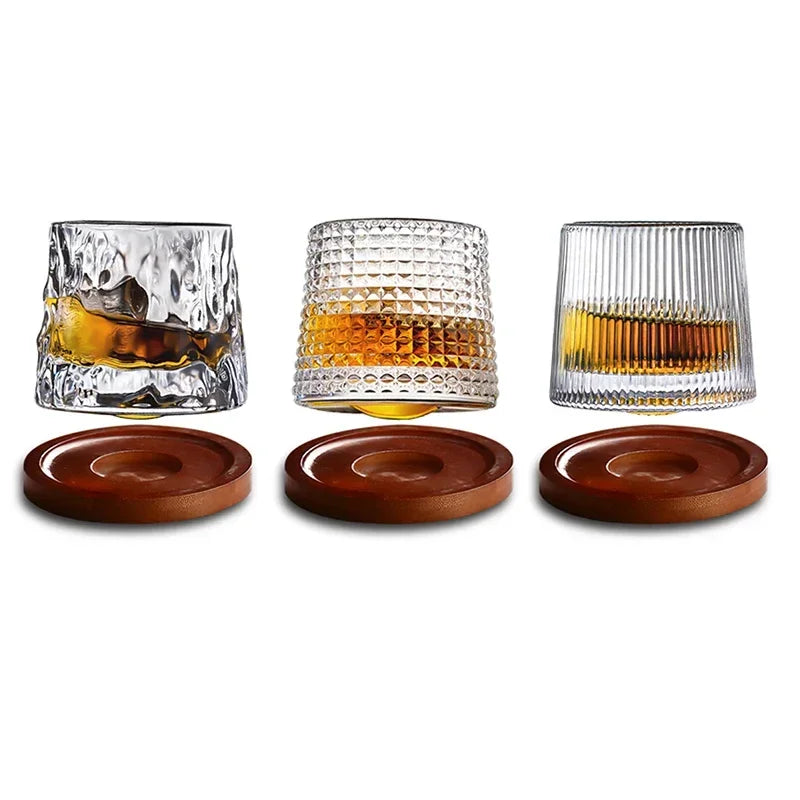 Classic Rotating Whiskey Glass with Wooden Base