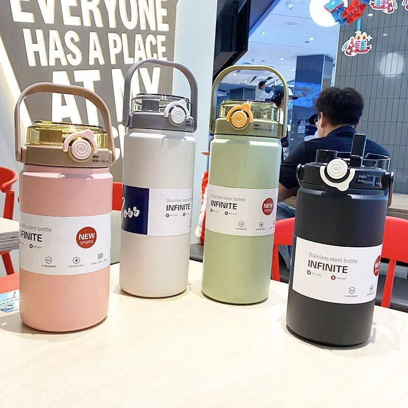 1L/1.2L Large Capacity Thermo Bottle with Straw Stainless Steel Thermal Water Bottle Keep Cold and Hot Thermos Cup Vacuum Flask