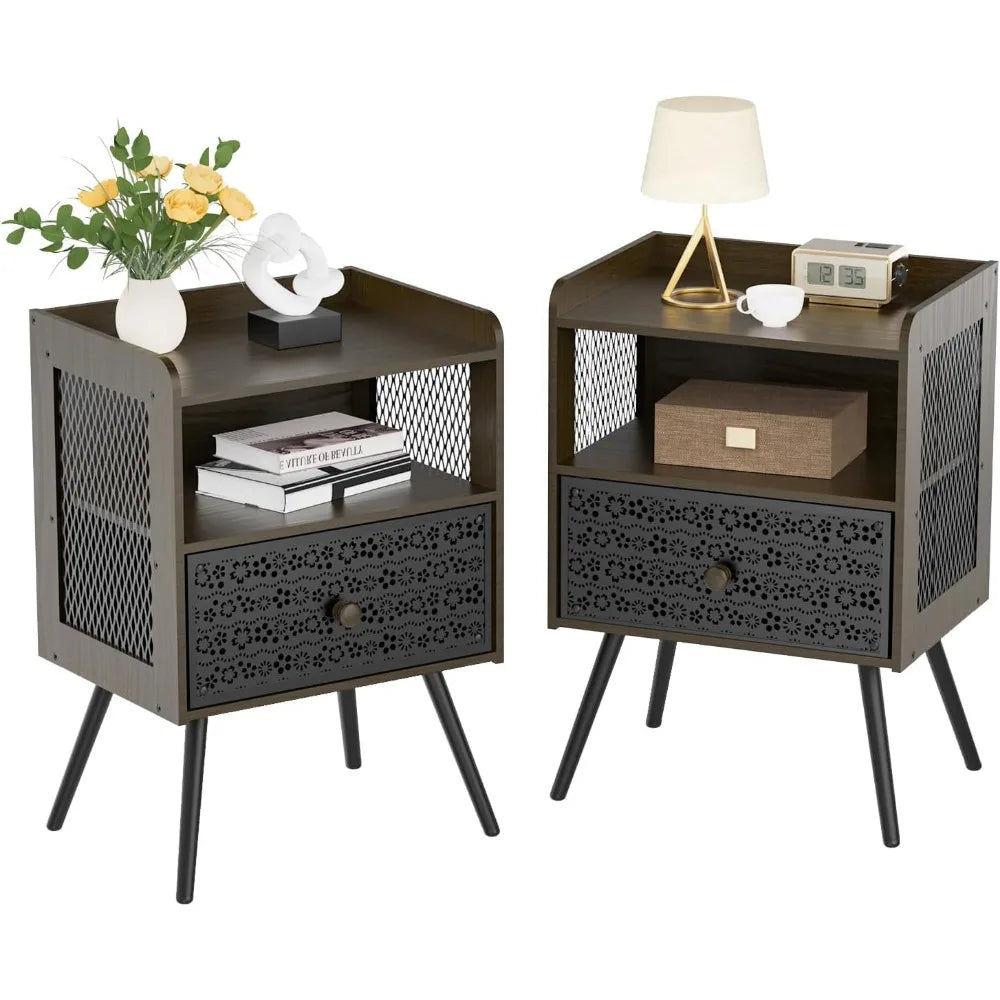 Elegant Bedside Tables with Metal Floral Drawer