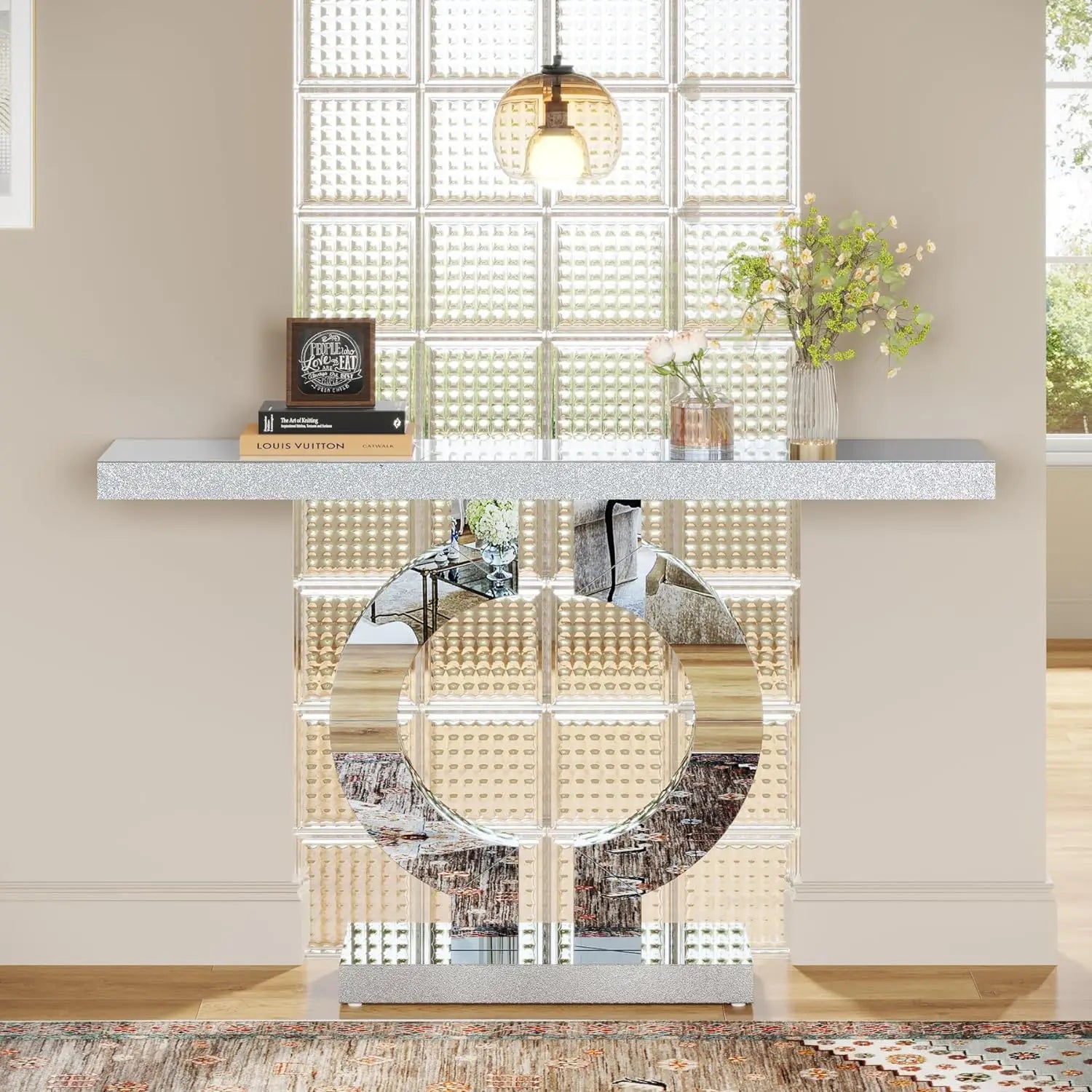 Elegant Mirrored Console Table with O-Shaped Base