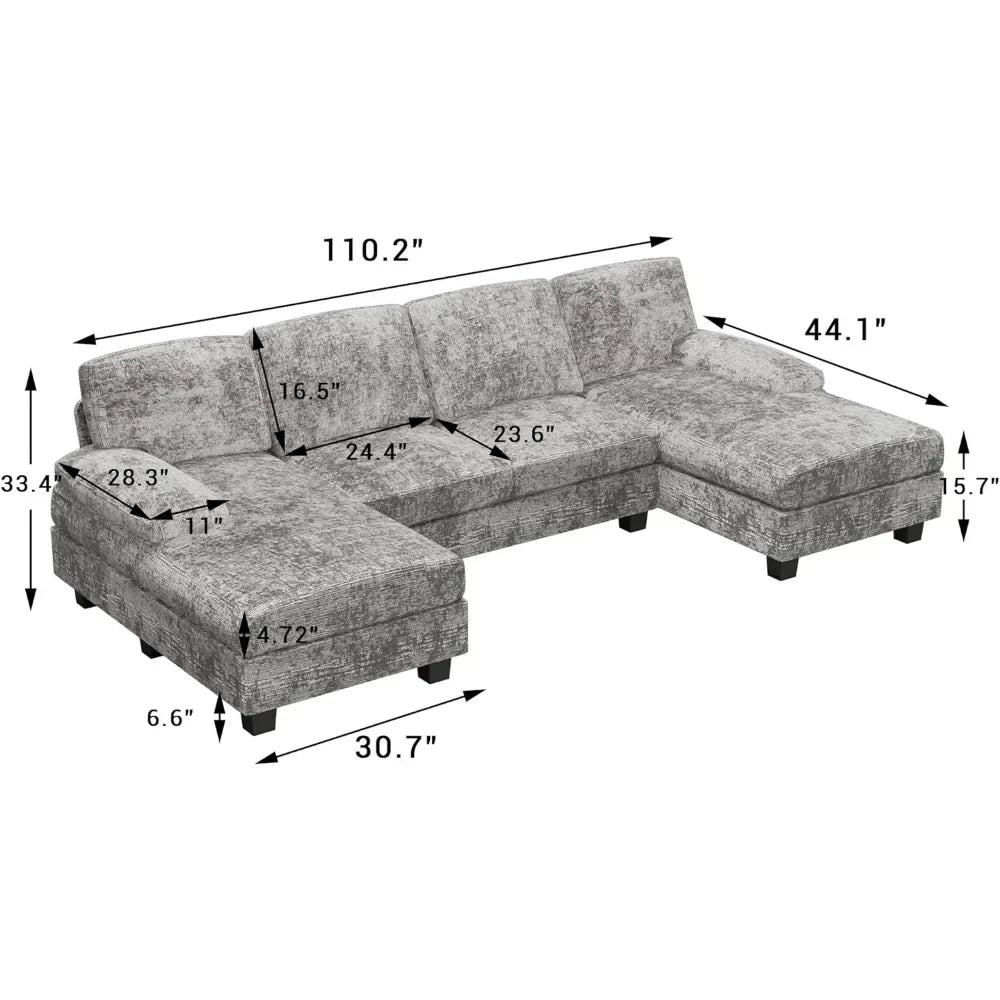 Gray Memory Foam Sectional Sofa - 4-Seater U-Shaped Couch