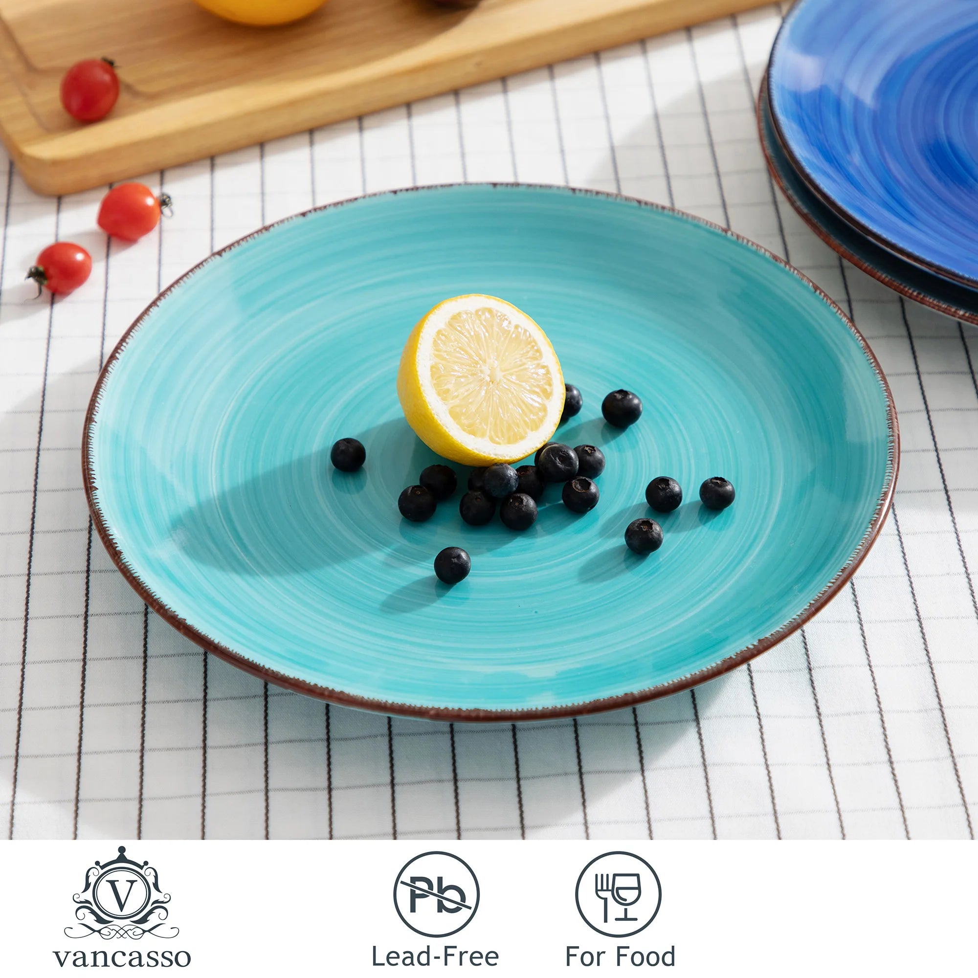 Rustic Handpainted Blue Ceramic Plates Set - 6 Pieces