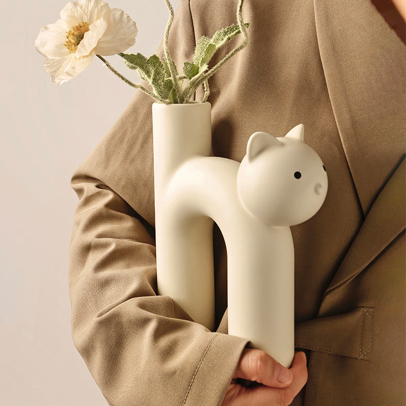 Whimsical Cat Tube Vase - Ceramic Glazed Decor for Home and Office