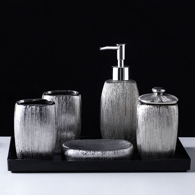 Five - Piece Electroplated Silver Ceramic Bathroom Set - Max&Mark Home Decor