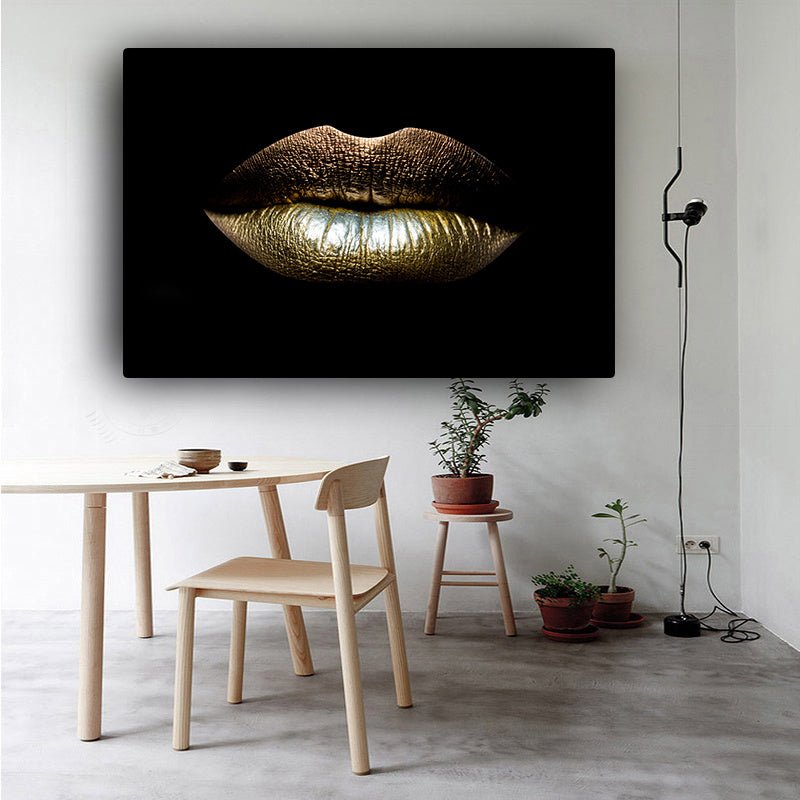 Golden Kiss - Frameless Black and Gold Lips Canvas Art - Max&Mark Home Decor